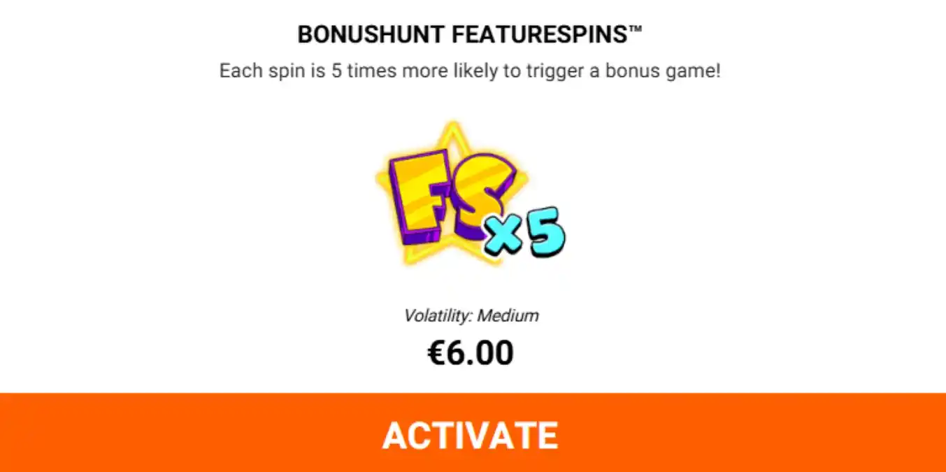 Bonushunt Featurespins Bildschirm mit x5 Multiplikator und 6 € Kaufpreis