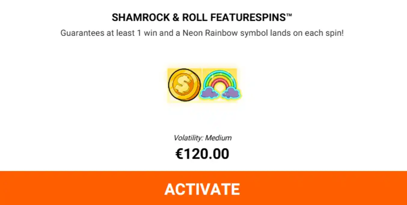 Shamrock & Roll Featurespins Bildschirm mit Regenbogen und 120 € Preis