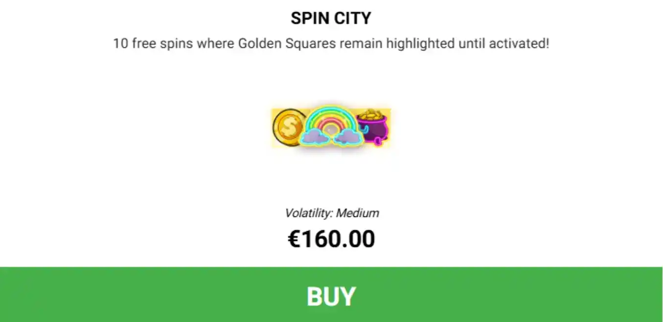 Spin City Bonus mit markierten Goldenen Quadraten und 160 € Kaufpreis