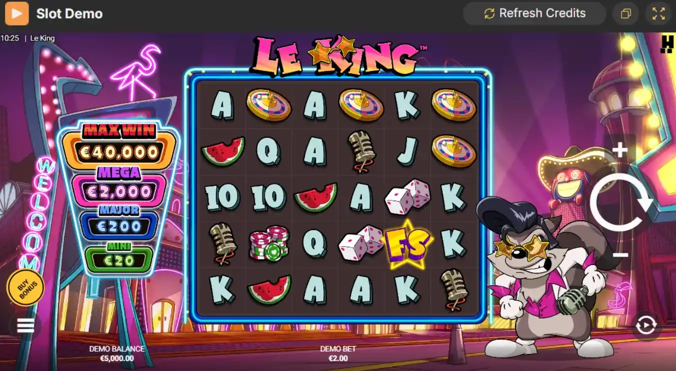 Le King Slot Walzen mit Bonussymbolen und Demo-Guthabenanzeige