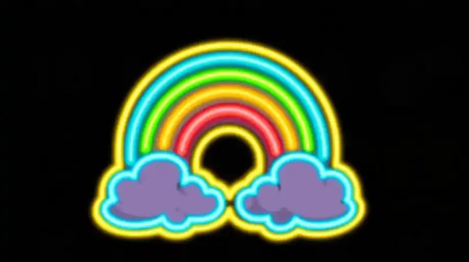 Neon Regenbogen-Wildsymbol mit leuchtenden Wolken